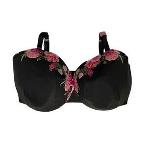 Cacique Black Floral Lightly Lined Full Coverage Underwire Back Closure Bra 44 J